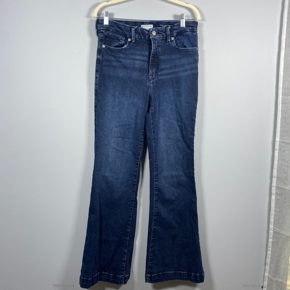 Good American Good Legs Flare Jeans Women's 6 6-12 Dark Blue Mid Rise Stretch